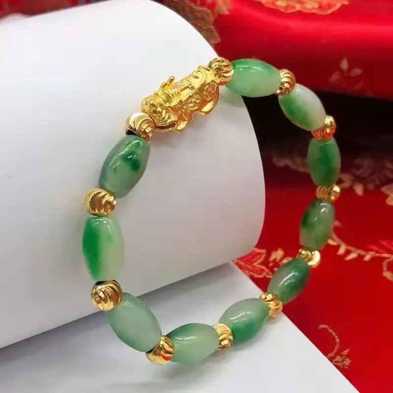 Emerald Green Pixiu Bracelet Men Women Oval Bead