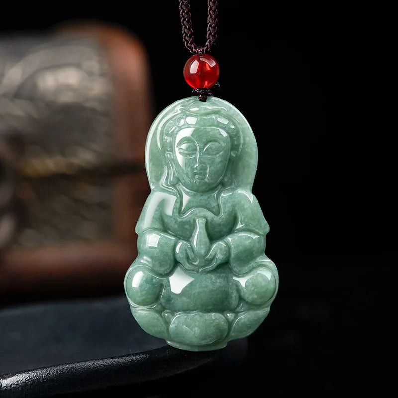 Natural Emerald Jade Guanyin Pendant Carved Amulet Women Man Jade Jewelry