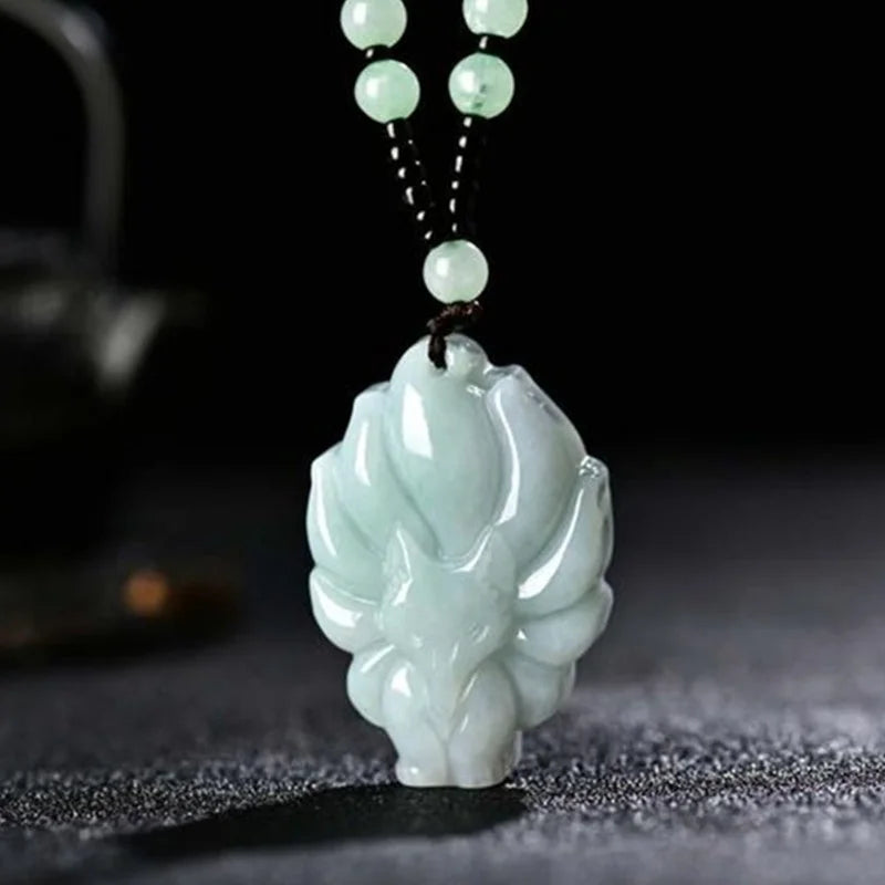 Emerald Jade Nine tail fox Pendant Necklace Hand-Carved Amulet