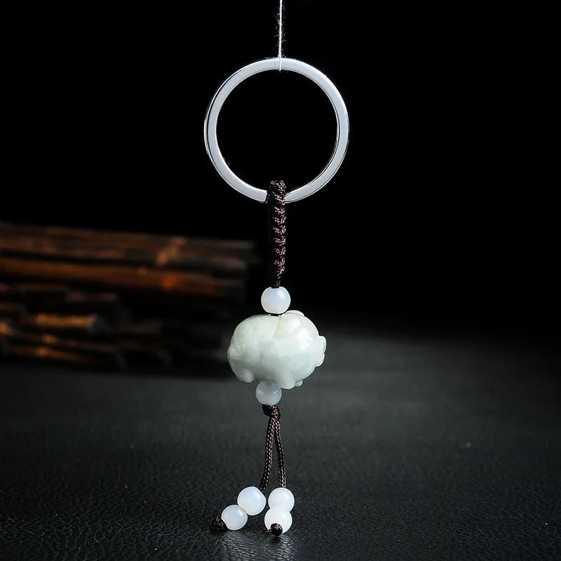 Emerald Pig Key Ring Chalcedony Jade Pendant Necklace Charm Jewelry