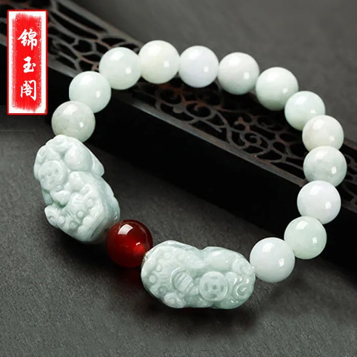 Natural Emerald Pixiu Beads Bracelet Adjustable Bangle Luck Amulet