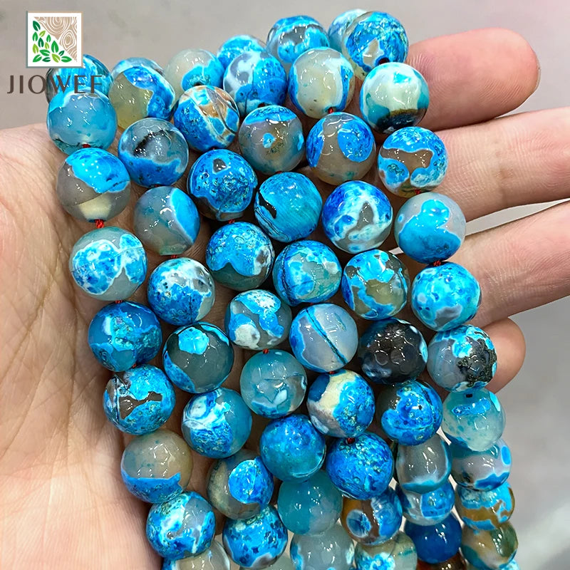 Faceted Lake Frost Cracked Fire Agates Round Beads 15'' Strand 12mm