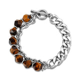 Tiger Eye Strand Bracelet Chakra Stone Bead Stainless Steel Cuban Chain Bangle