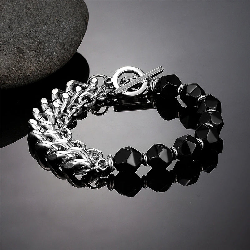 Tiger Eye Strand Bracelet Chakra Stone Bead Stainless Steel Cuban Chain Bangle