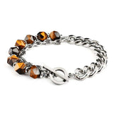 Tiger Eye Strand Bracelet Chakra Stone Bead Stainless Steel Cuban Chain Bangle