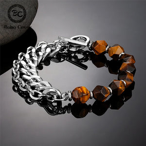 Tiger Eye Strand Bracelet Chakra Stone Bead Stainless Steel Cuban Chain Bangle