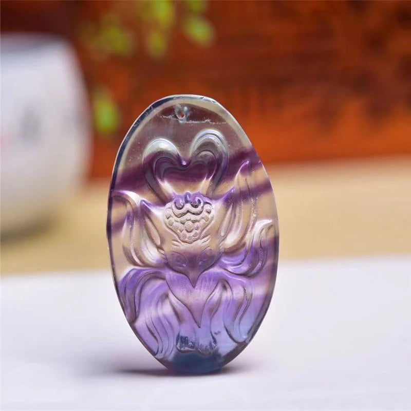 Fluorite Crystal Nine Tailed Fox Quartz Pendant Carved Gemstones Gift