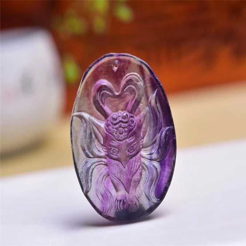 Fluorite Crystal Nine Tailed Fox Quartz Pendant Carved Gemstones Gift