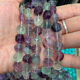 Fluorite Stone Beads 15'' Carved Flower Coin Button DIY Loose Beads