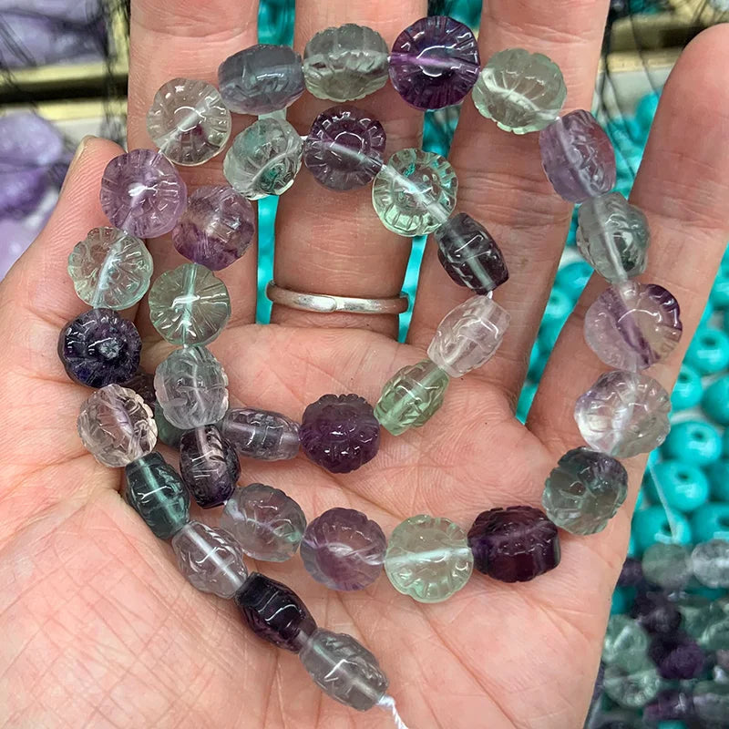 Fluorite Stone Beads 15'' Carved Flower Coin Button DIY Loose Beads