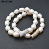 Fresh Water Pearl Beads CZ Metal Tube Charm Bracelet