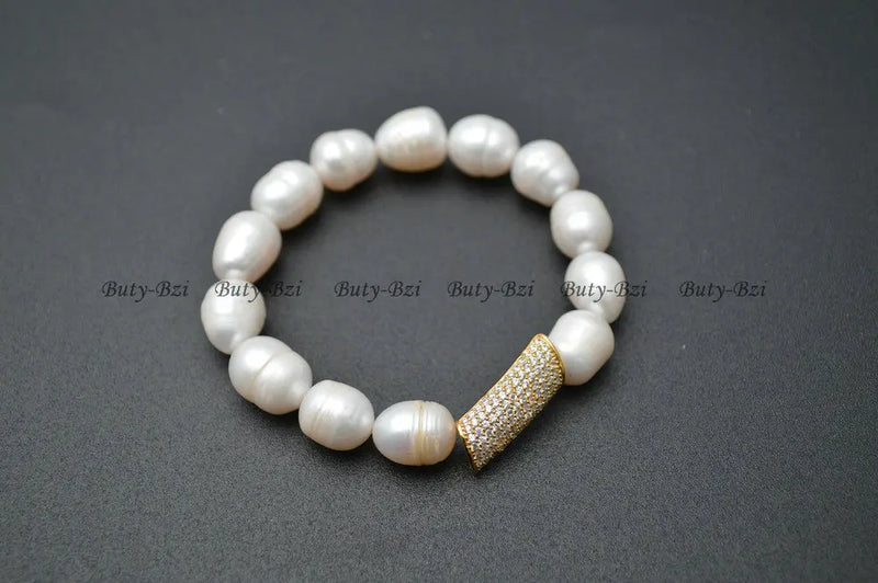 Fresh Water Pearl Beads CZ Metal Tube Charm Bracelet