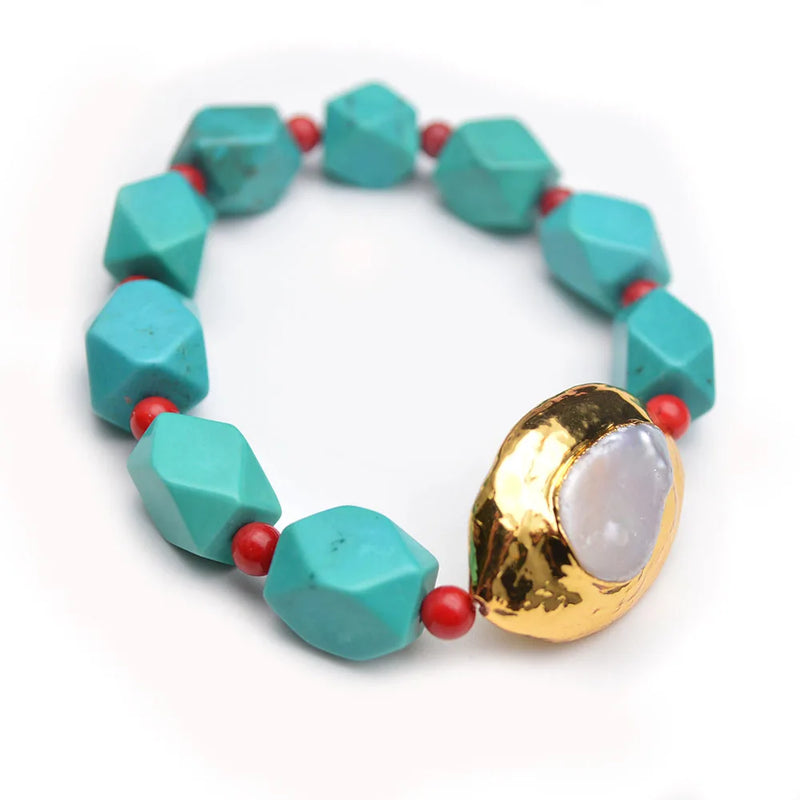 Freshwater Pearl Turquoise Beads Stretch Bracelet
