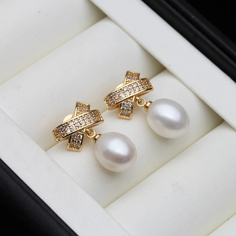 Fresh Water Pearl Drop Earrings, Gold Plated 925 Sterling Silver for Women