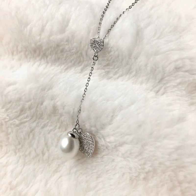 Fresh Water Pearl Necklace 925 Sterling Silver Heart Cubic Zircon Jewelry