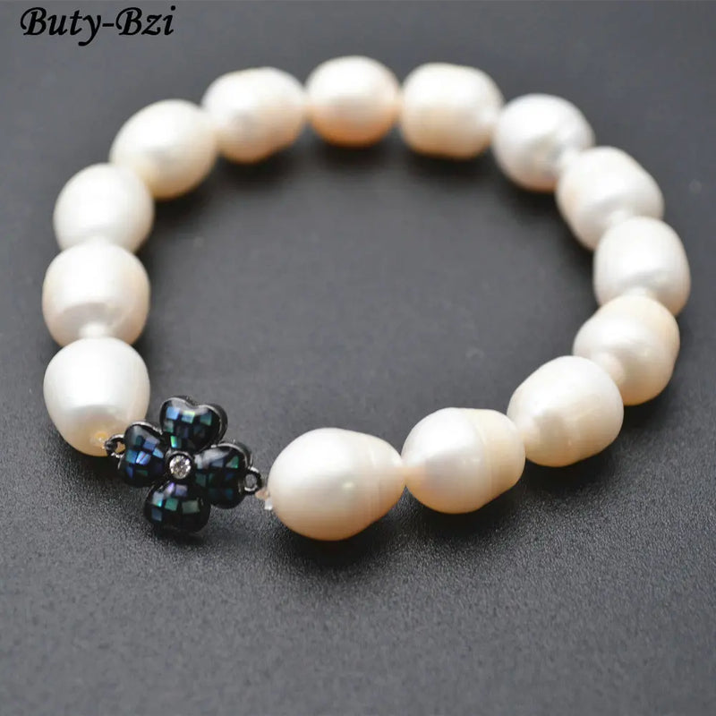 Freshwater Pearl Bead Bracelet with Abalone Shell Clover Charm