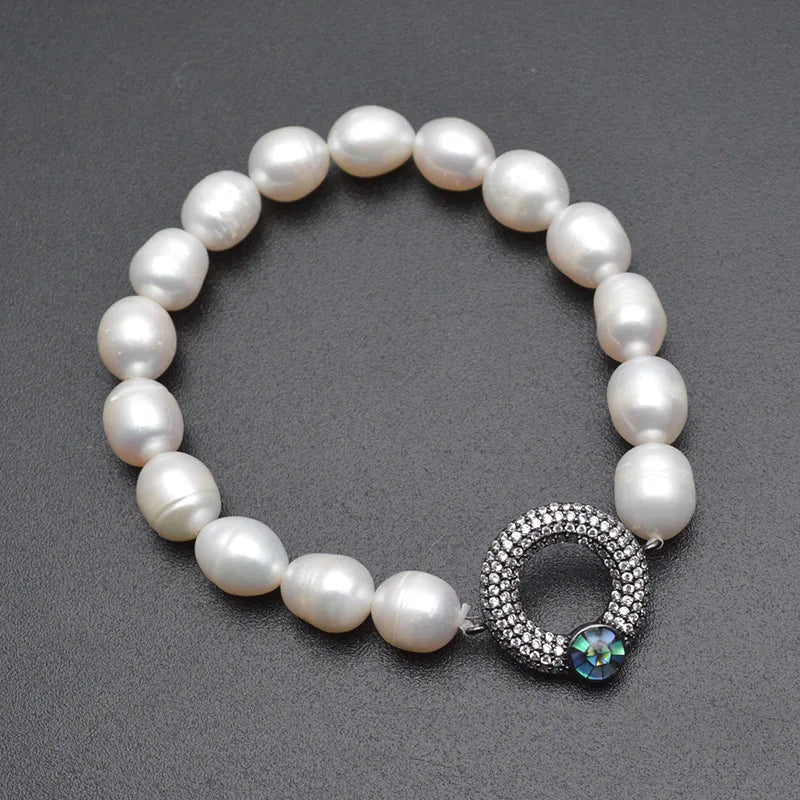 Freshwater Pearl Bracelet with CZ Metal Round Abalone Charm