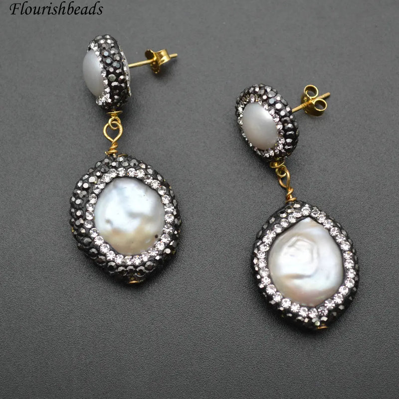 Fresh Water Pearl Double Layer Dangle Earrings Crystal Beads Party Jewelry