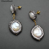 Fresh Water Pearl Double Layer Dangle Earrings Crystal Beads Party Jewelry