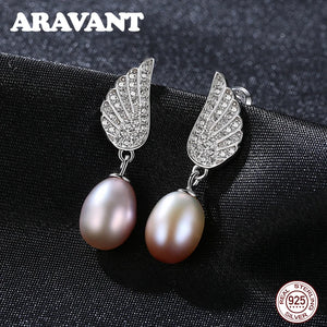 Freshwater Pearl 925 Silver Wing Cz Drop Earrings Pink Gray Dangle