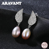 Freshwater Pearl 925 Silver Wing Cz Drop Earrings Pink Gray Dangle
