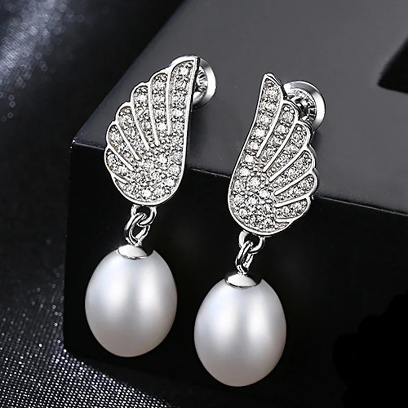 Freshwater Pearl 925 Silver Wing Cz Drop Earrings Pink Gray Dangle