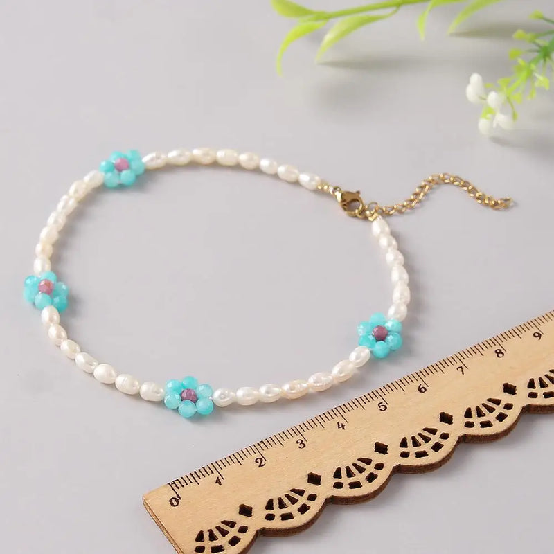 Freshwater Pearl Anklet Golden Daisy Flower Fine Jewelry