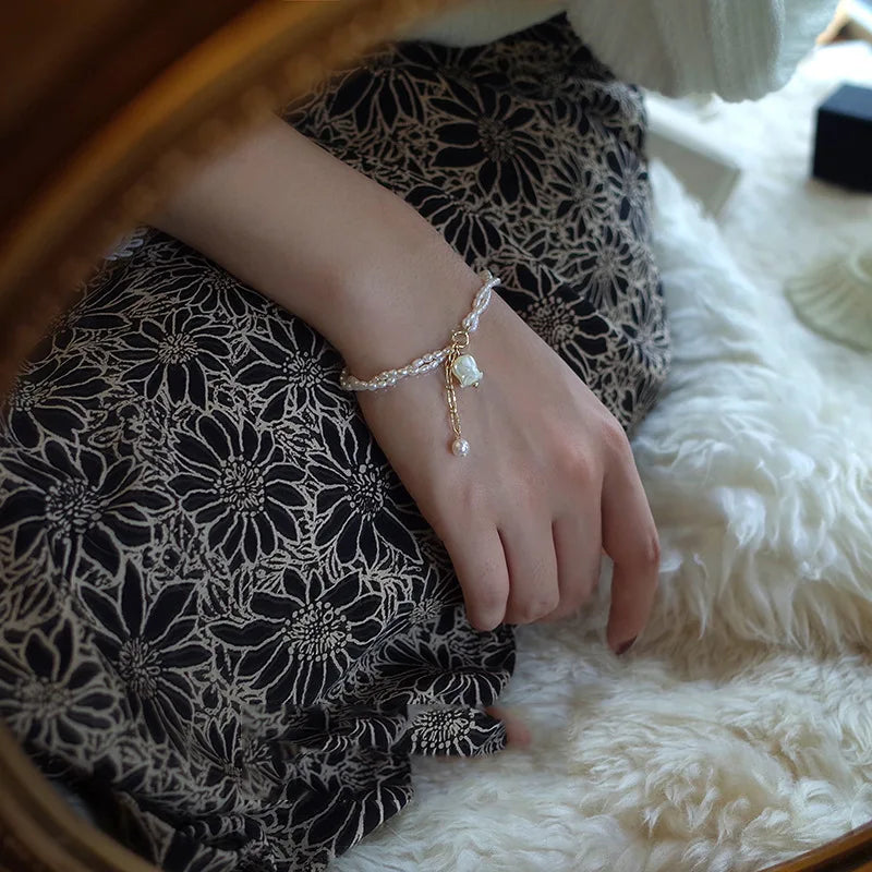 Freshwater Pearl Bracelet 14K Filled Jewelry Lily Valley Pendant Double Layer