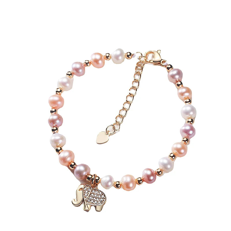 Freshwater Pearl Bracelet 14K Gold-Plated Colorful Beads Elephant Jewelry