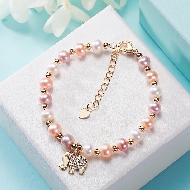 Freshwater Pearl Bracelet 14K Gold-Plated Colorful Beads Elephant Jewelry