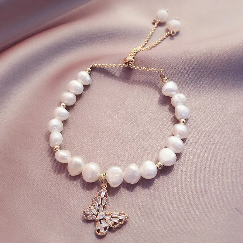 Freshwater Pearl Bracelet Crystal Butterfly Charm Beads Bridal Gift
