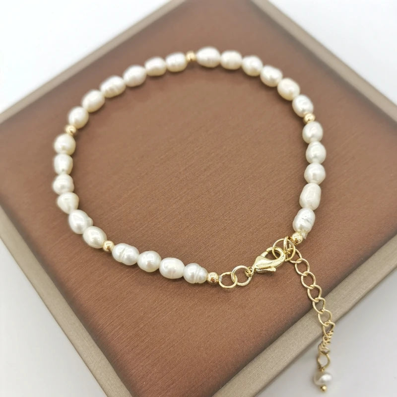Freshwater Pearl Bracelet 14K Filled Chain Adjustable Boho Hand Jewelry Tiny