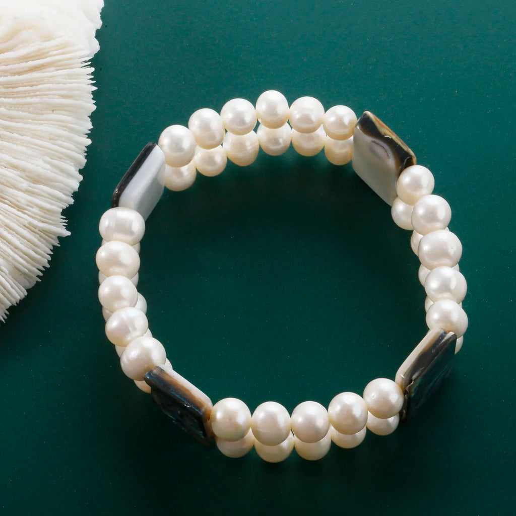 Freshwater Pearl Bracelet Colored Abalone Beads Stretch Adjustable