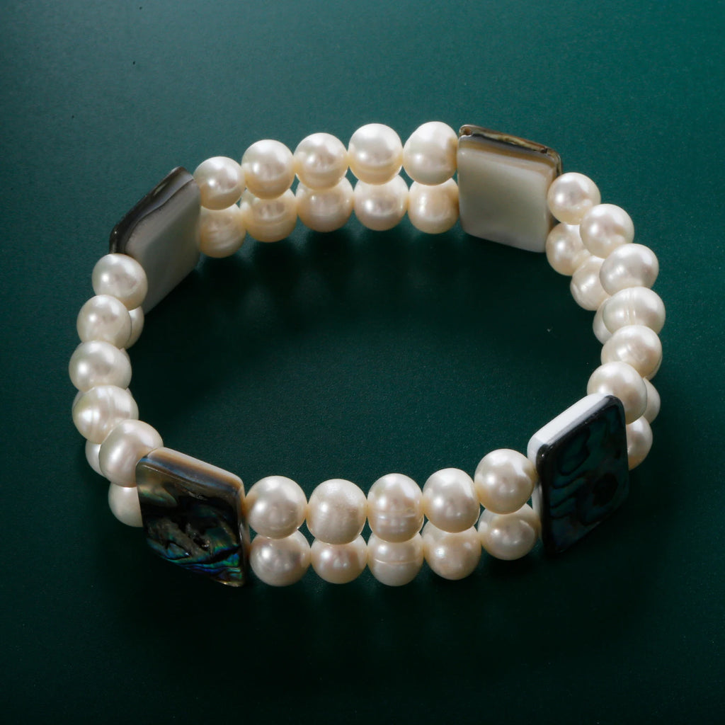 Freshwater Pearl Bracelet Colored Abalone Beads Stretch Adjustable