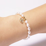 Freshwater Pearl Copper Rainbow CZ Pendant Charms Bangle Bracelet