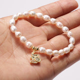 Freshwater Pearl Copper Rainbow CZ Pendant Charms Bangle Bracelet