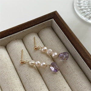 Tassel Chain Freshwater Pearl Dangle Earrings Amethyst Silver Needle