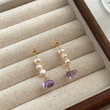 Tassel Chain Freshwater Pearl Dangle Earrings Amethyst Silver Needle