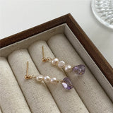 Tassel Chain Freshwater Pearl Dangle Earrings Amethyst Silver Needle