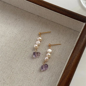 Tassel Chain Freshwater Pearl Dangle Earrings Amethyst Silver Needle