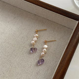 Tassel Chain Freshwater Pearl Dangle Earrings Amethyst Silver Needle