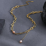 Freshwater Pearl Drop Necklace Stainless Steel Clavicle Chain 18K Plated