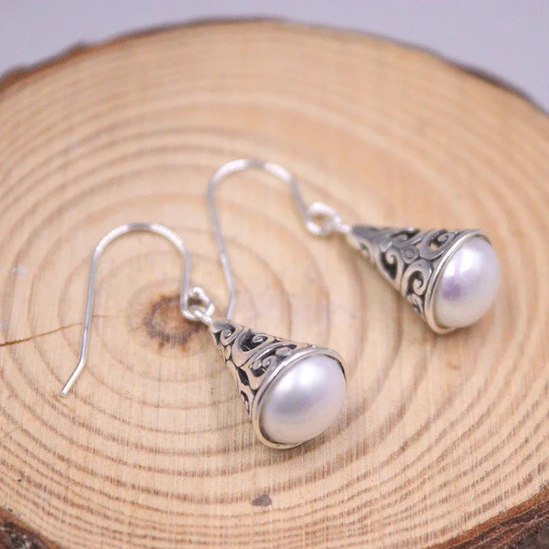 Freshwater Pearl Earrings Sterling Silver 925 Vintage Pattern Silver Gift