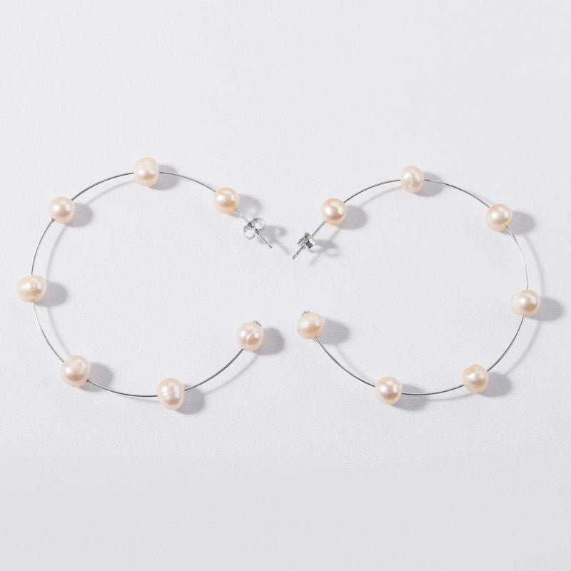 Freshwater Pearl Hoop Earrings 925 Sterling Silver Large Circle Jewelry