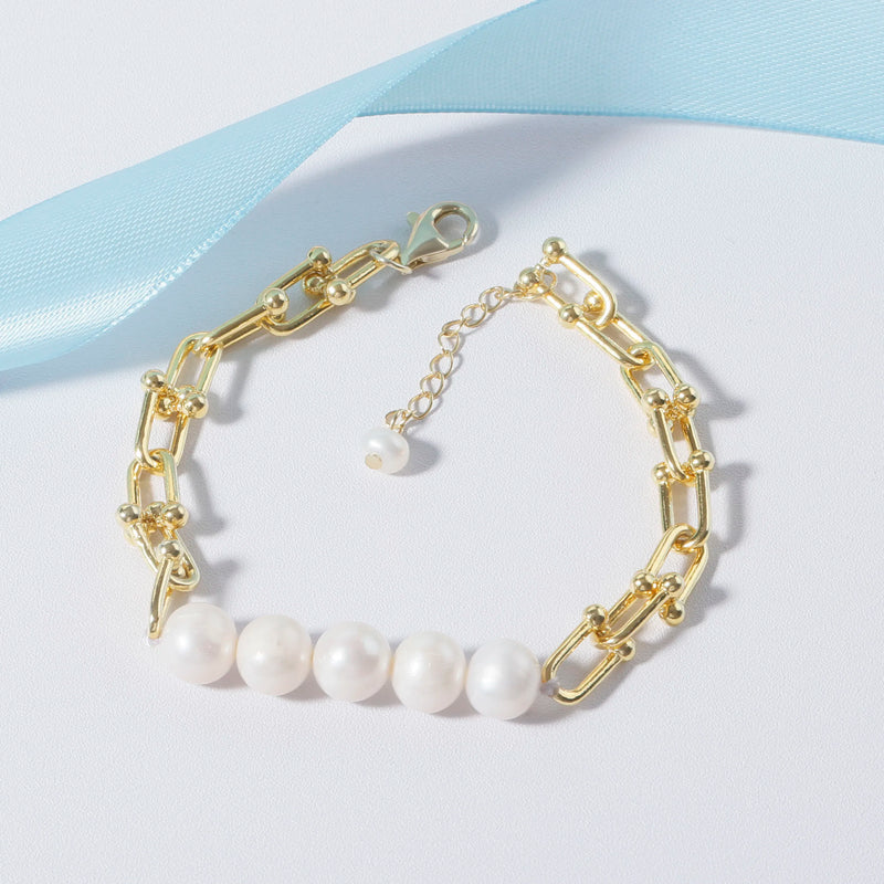 Freshwater Pearl Interlok Chain Bracelet 14K Plated Charm Jewelry
