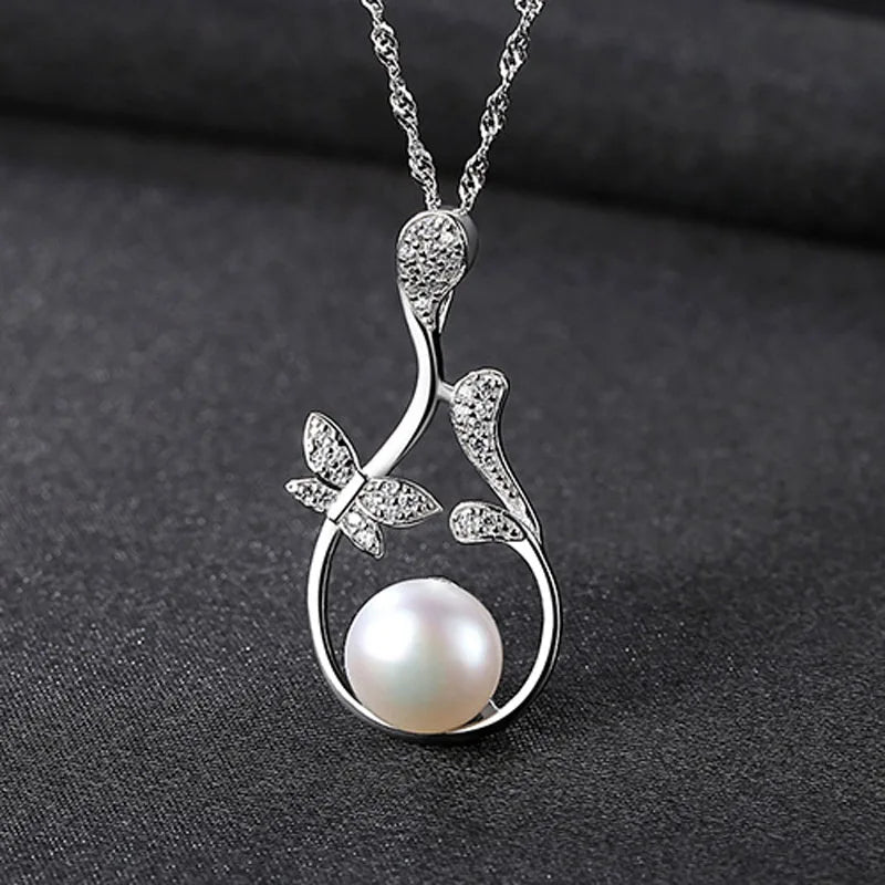 Freshwater Pearl Butterfly Pendant Necklace 925 Sterling Silver Wedding Jewelry