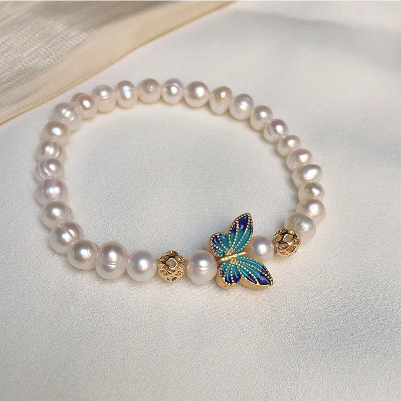 Freshwater Pearl Butterfly Charm Bracelet Retro Versatile Beaded Jewelry Gift