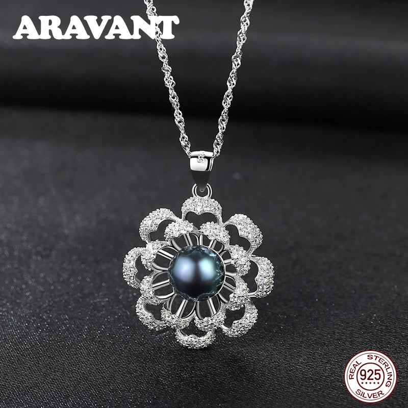 Freshwater Pearl Necklace For Women 925 Silver Flowers Zircon Pendant
