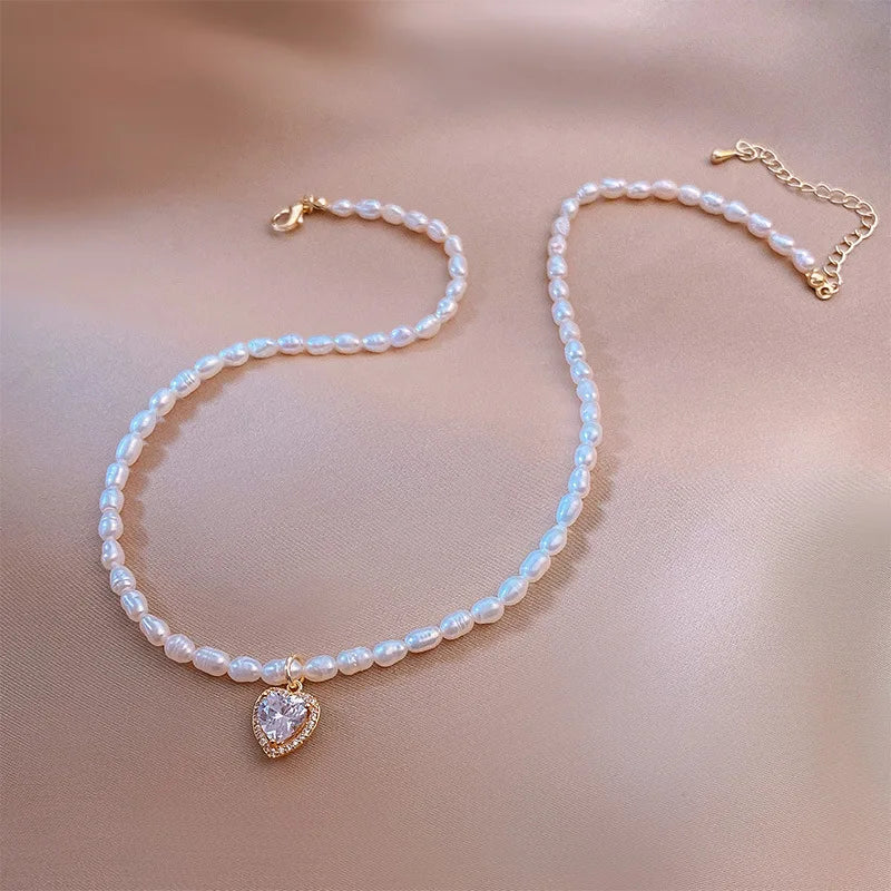 Heart Freshwater Pearl Pendant Necklace with Cubic Zirconia 14K Filled