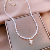 Heart Freshwater Pearl Pendant Necklace with Cubic Zirconia 14K Filled